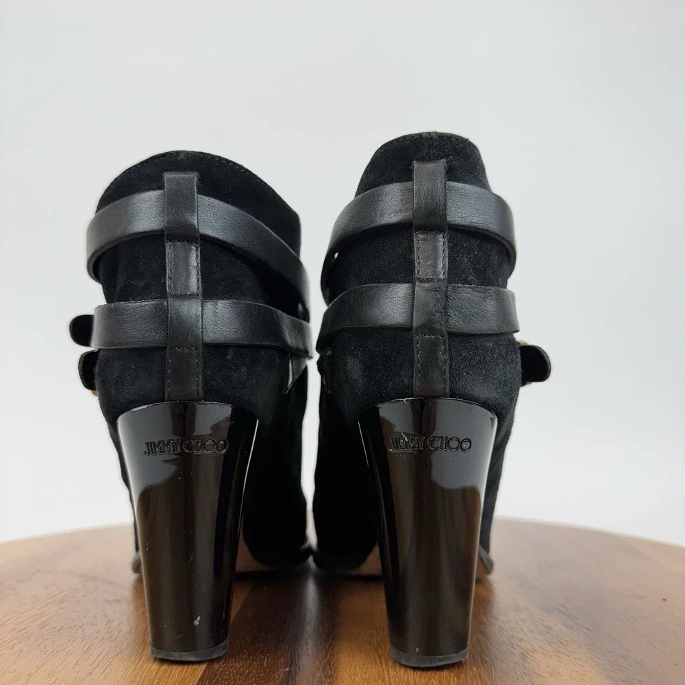 Womens Jimmy Choo Melba 80 Buckled Black Suede Block Heel Ankle Boots Size EU 38